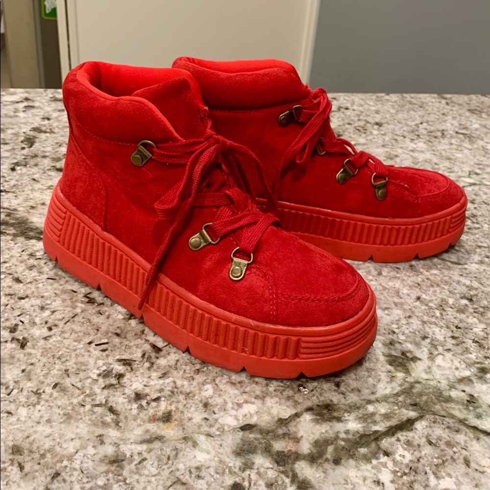 Liliana Red Lace Up Velvet Round Toe Shoes